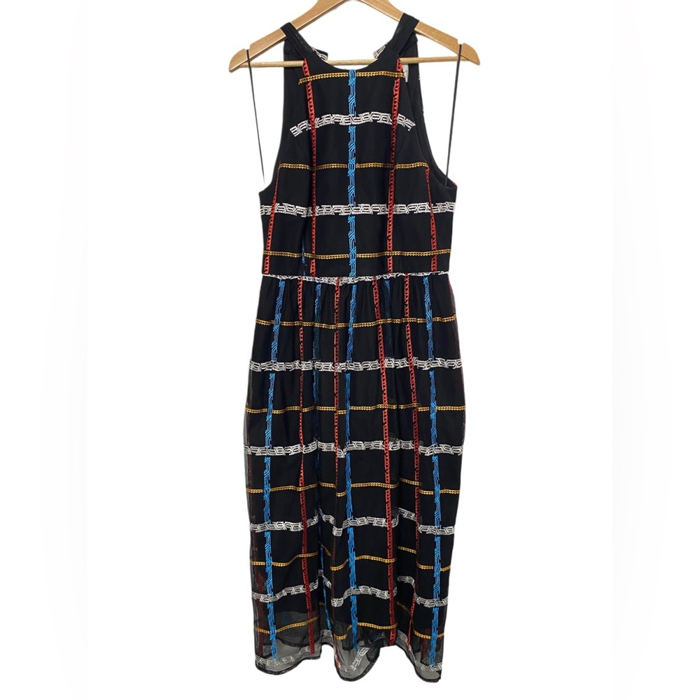 Women’s Nicole Miller Black Midi Embroidered Mesh Plaid Dress